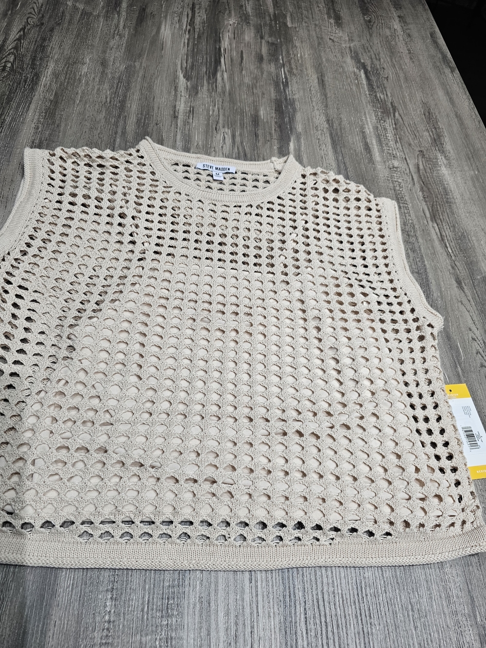 Steve Madden Cream Open-Weave Crochet Short Sleeve Top